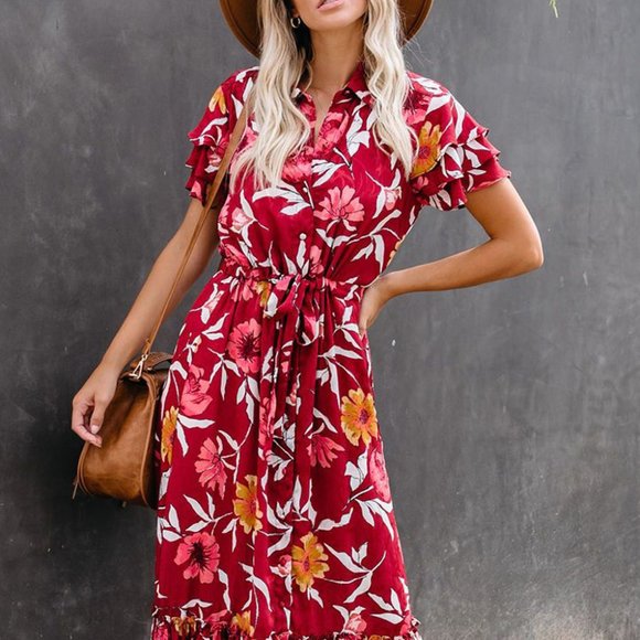 Dresses & Skirts - Burgundy Floral Button Maxi Dress